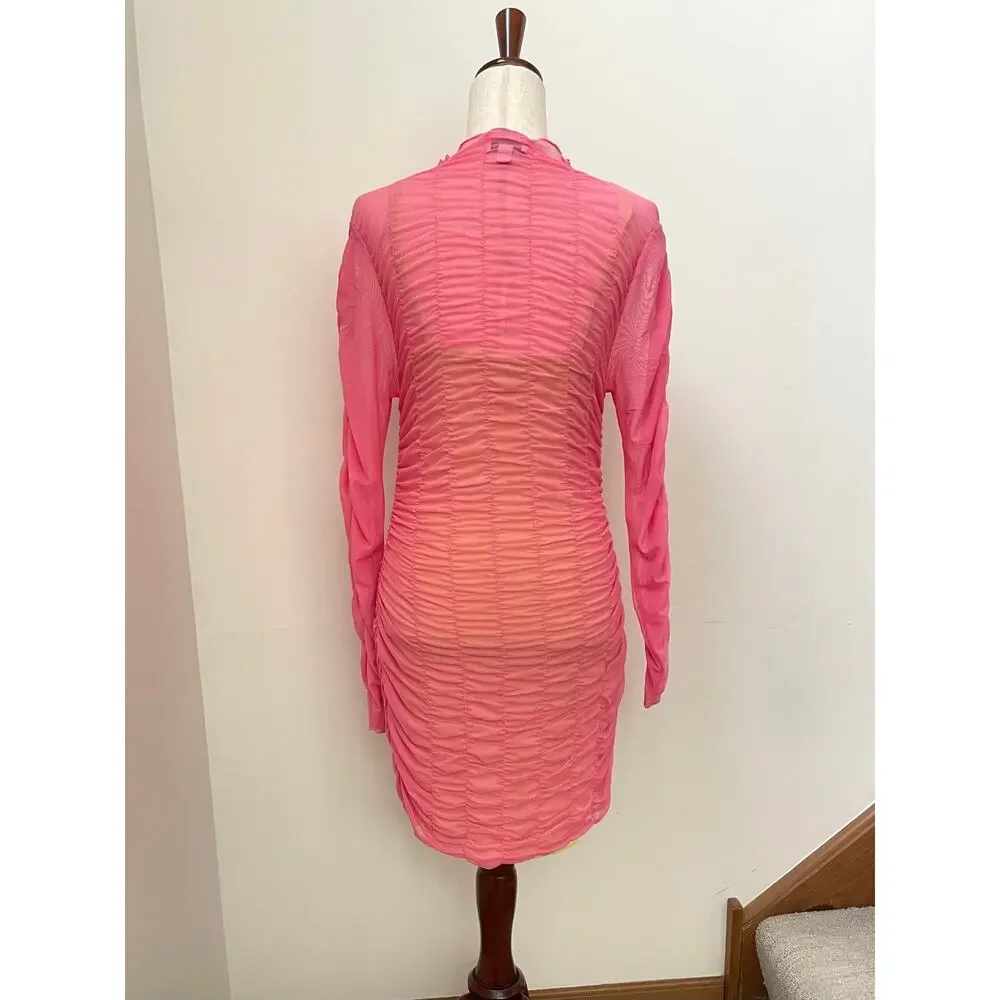 TOPSHOP Dress Size M 8/10 Hot Pink Sheer Layered Mesh Mini Ruched Long Sleeve